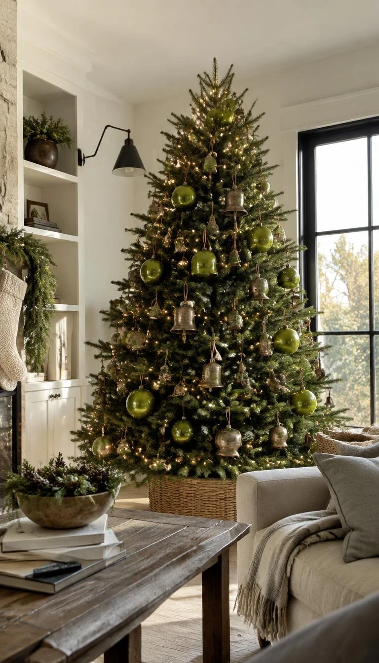 Layer Chartreuse Glass Against Antique Gold Bells A candid, realistic iPhone photograph of a living room with a Christmas tree decorated with bright chartreuse handblown glass bulbs, weathered antique gold cowbells, soft warm lights, and neutral walls in natural morning light.