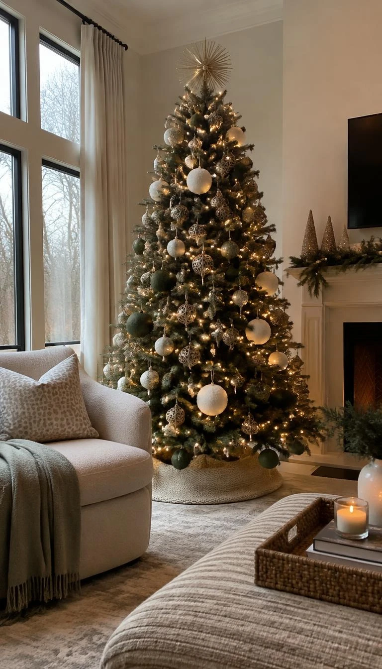 Combine Sage Flocked Balls With Pale Champagne Filigree A candid, realistic iPhone photograph of a living room with a Fraser fir Christmas tree adorned with soft sage flocked spheres, delicate champagne gold filigree ornaments, glowing micro lights, and a cozy armchair nearby.