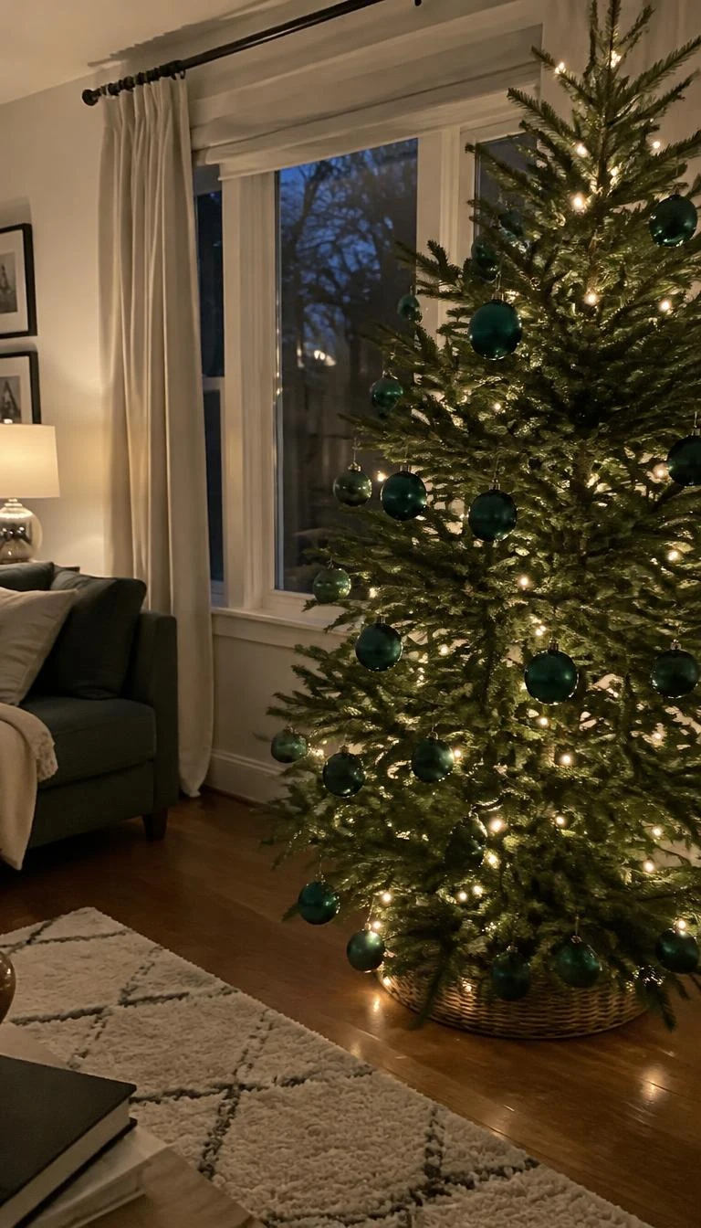 Loop Gold Lurex Thread Behind Jade Ceramic Baubles A candid, realistic iPhone photograph of a living room with a Fraser fir Christmas tree adorned with glossy jade ceramic spheres suspended by fine metallic gold lurex cords, illuminated by small fairy lights.