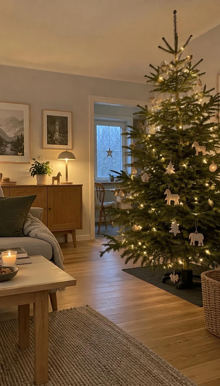 A candid, realistic iPhone photograph of a living room with a Christmas tree showing small hand carved unpainted wooden animals, peaceful Scandinavian decor, warm light, wooden floor, and simple furnishings.