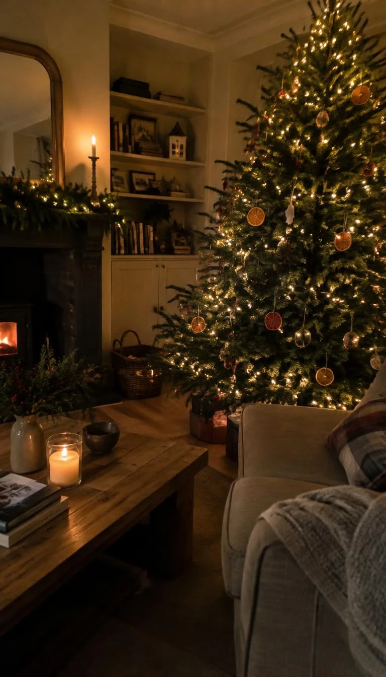 A candid, realistic iPhone photograph of a living room with a Christmas tree featuring dried whole scored oranges nestled near warm fairy lights, a rustic setting, soft shadows, and warm winter charm.