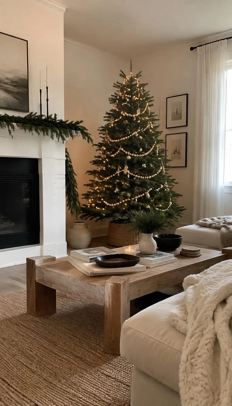 A candid, realistic iPhone photograph of a living room with a Christmas tree decorated with matte raw wooden bead garlands, warm lights, a low coffee table with books, and calm minimalist holiday decor.