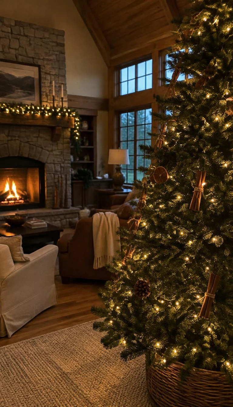 A candid, realistic iPhone photograph of a living room with a Christmas tree decorated with bundled cinnamon quills tied with twine, cozy wooden cabin living room, stone fireplace, and soft warm illumination.