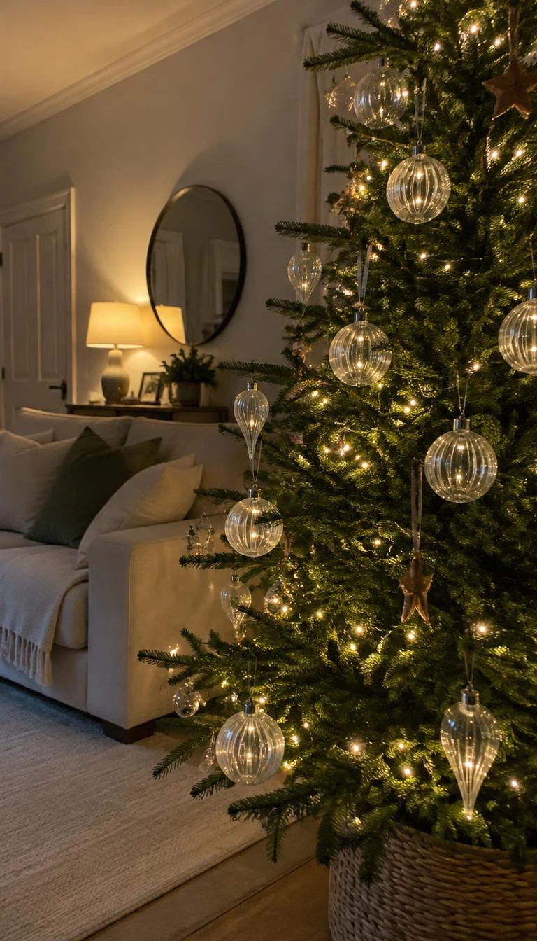 A candid, realistic iPhone photograph of a living room with a Christmas tree bearing fluted clear glass baubles, warm fairy lights glowing through the textured glass, a comfortable sofa nearby, and evening lamplight.