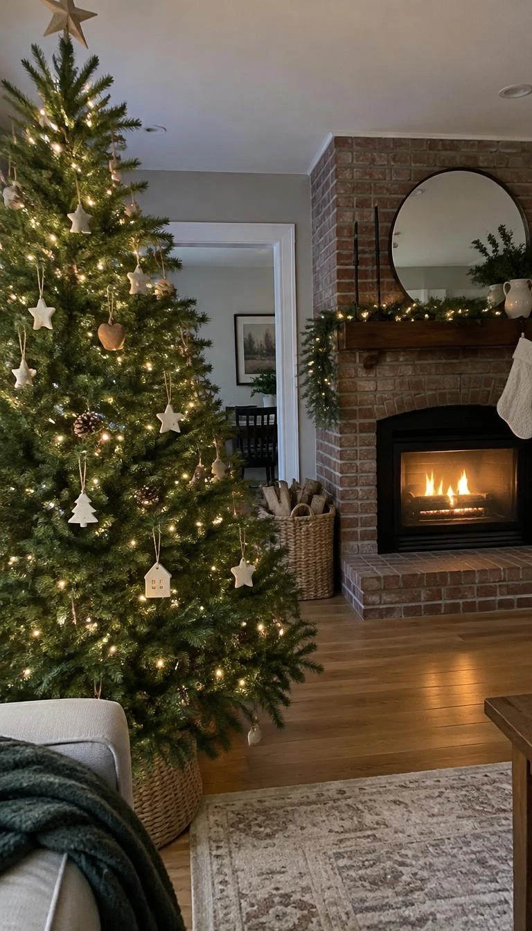 A candid, realistic iPhone photograph of a living room with a Christmas tree decorated with unglazed clay pendants, real pinecones, soft indoor ambient light, a brick fireplace in the background, and clean floorboards.