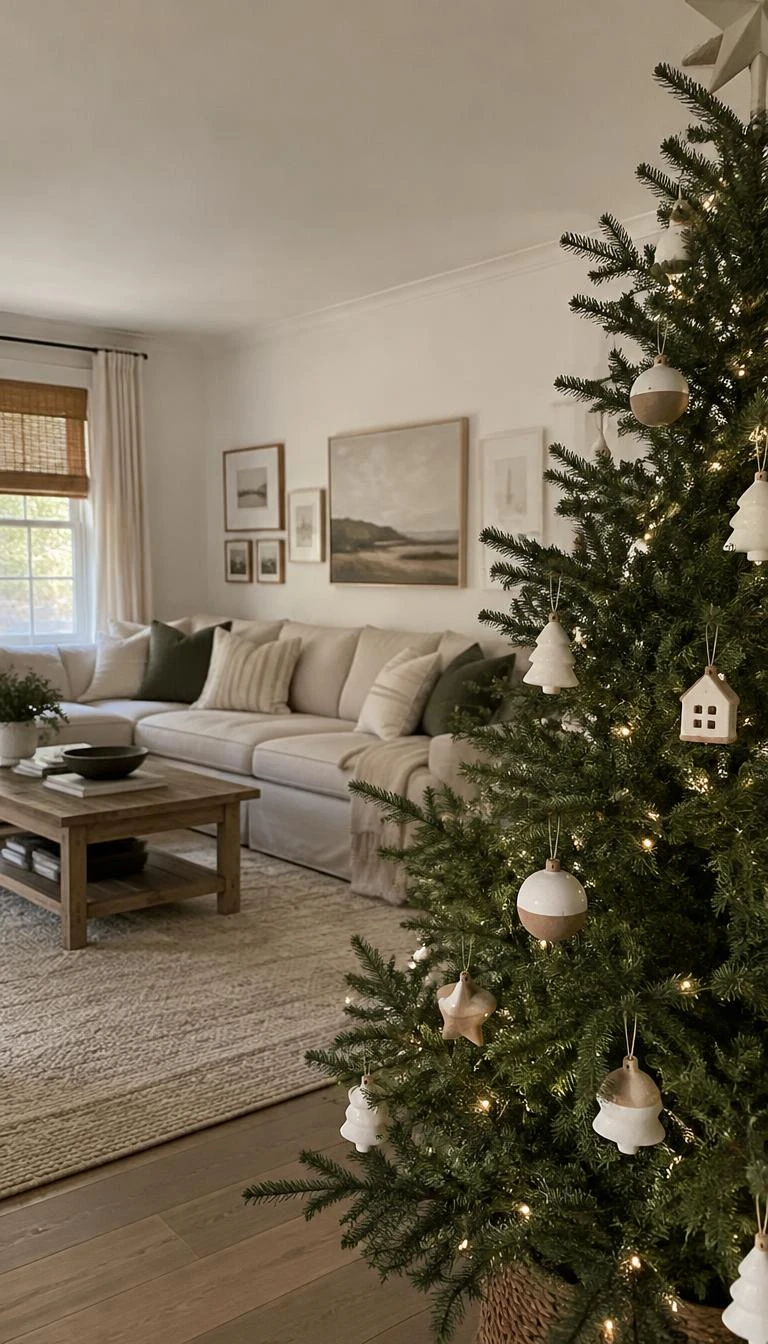A candid, realistic iPhone photograph of a living room with a Christmas tree displaying small white ceramic ornaments with exposed stoneware rims, calm neutral living room, beige sofa, and natural lighting.