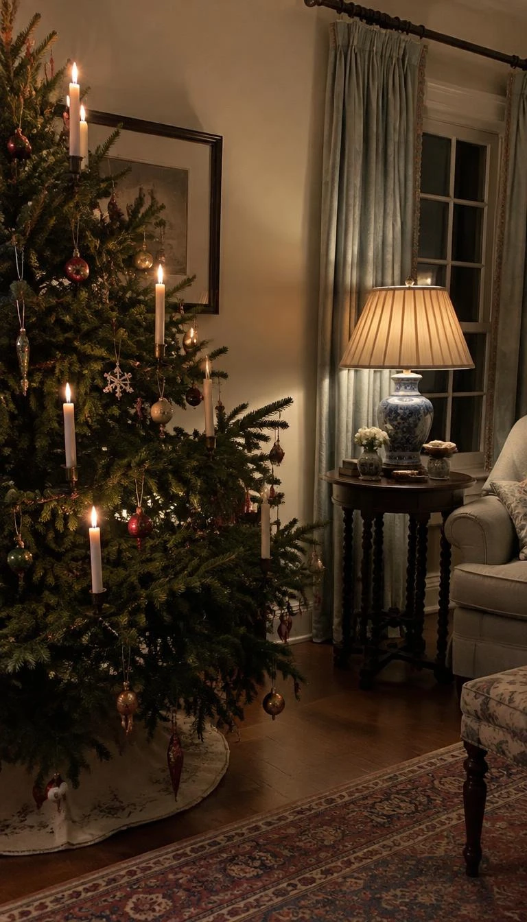 A candid, realistic iPhone photograph of a living room with a Christmas tree holding clip on ivory taper candles, authentic traditional styling, an antique side table nearby, and soft evening shadows.