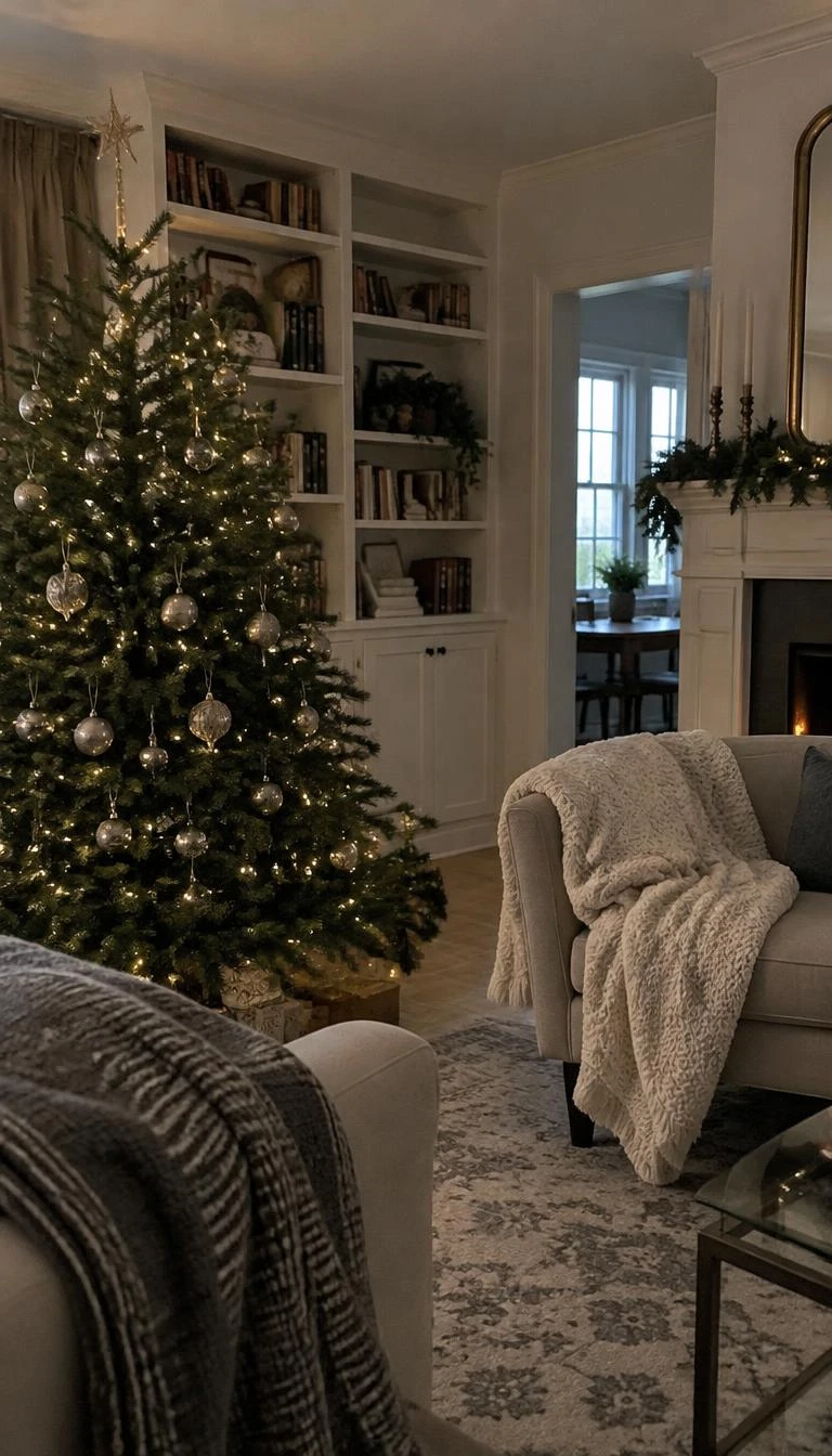 A candid, realistic iPhone photograph of a living room with a Christmas tree showing tin ornaments nestled in the interior branches, dull silvery reflections, a cozy knit throw on an armchair, and soft ambient light.