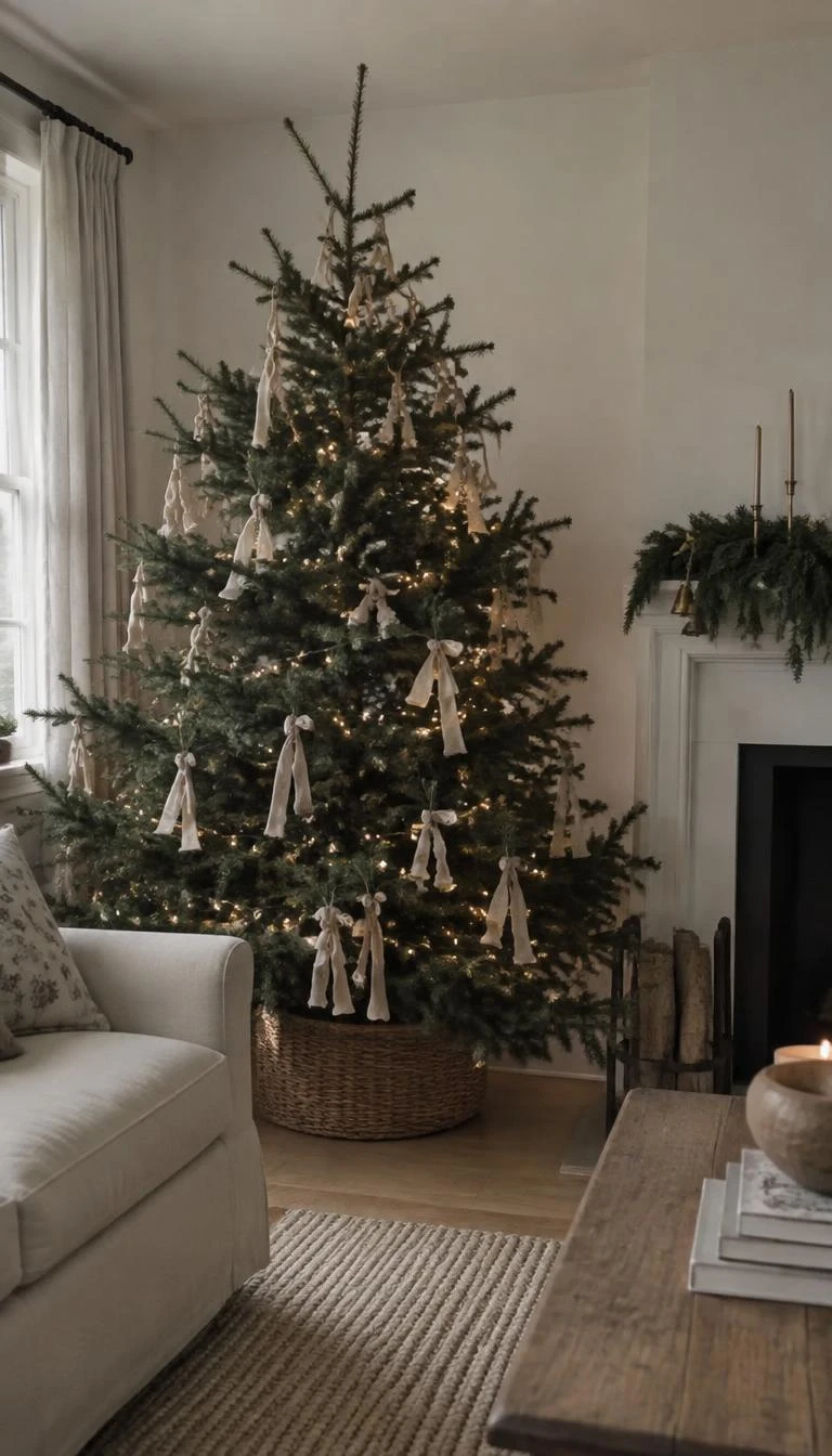 A candid, realistic iPhone photograph of a living room with a Christmas tree having branch tips tied with frayed oatmeal linen strips, neutral home aesthetic, soft indirect light, and a cozy winter mood.
