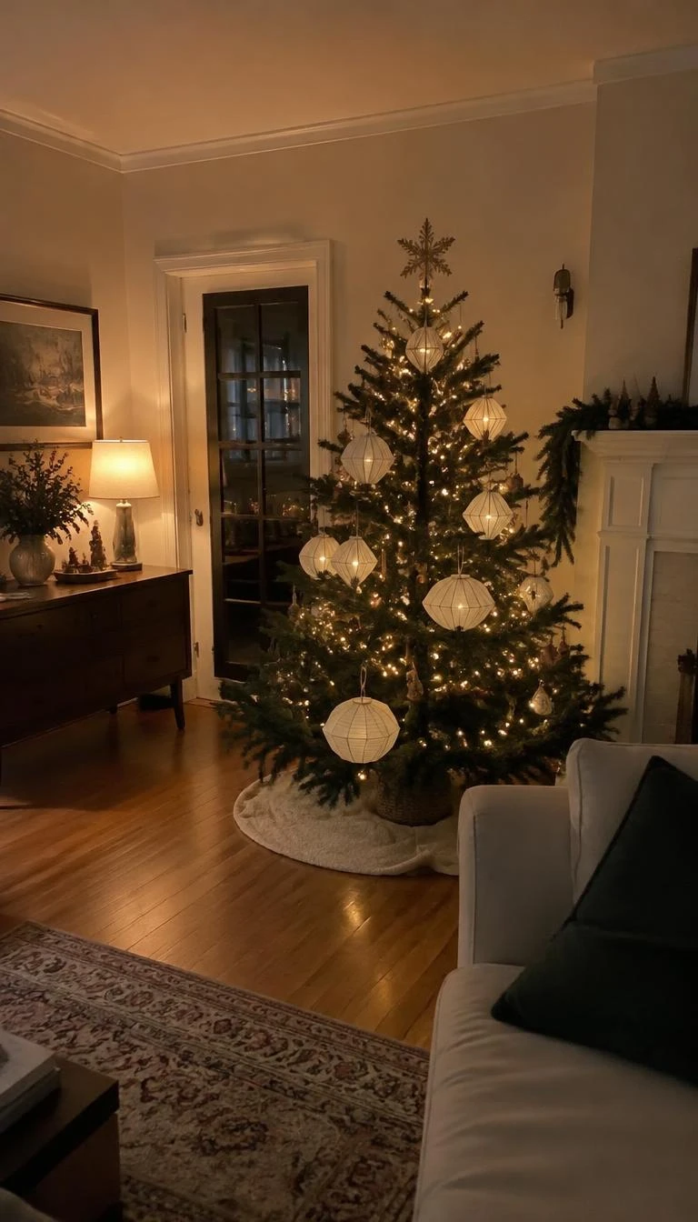 A candid, realistic iPhone photograph of a living room with a Christmas tree decorated with folded parchment paper lanterns, soft paper textures, cozy evening interior with warm table lamp, and hardwood flooring.