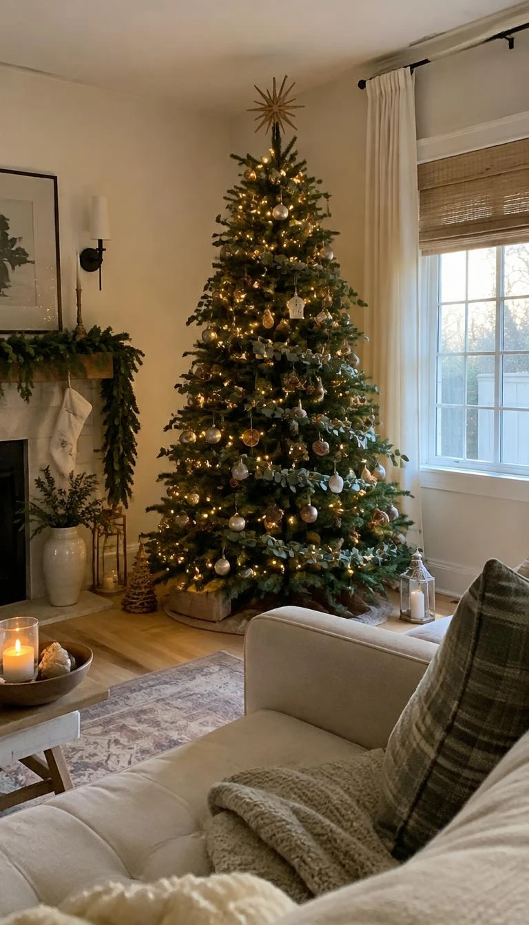 A candid, realistic iPhone photograph of a living room with a Christmas tree wrapped in fresh bay leaf garlands, natural greenery, glowing warm tree lights, simple cream curtains, and light wooden floors.