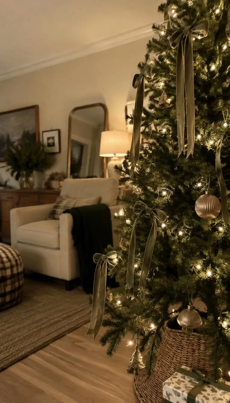A candid, realistic iPhone photograph of a living room with a Christmas tree decorated with slender sage green velvet ribbons tied on branch tips, an oatmeal armchair in the background, warm lamplight, and cozy winter styling.