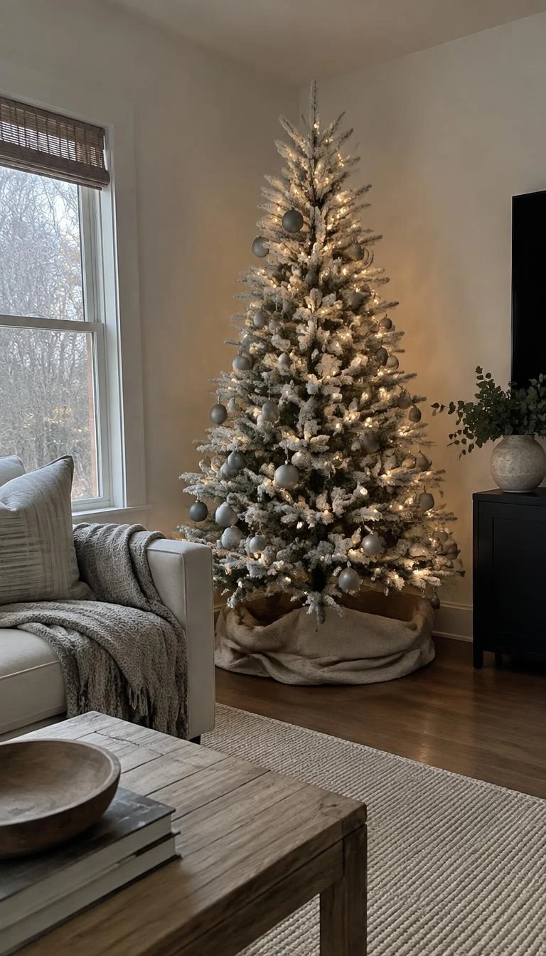 A candid, realistic iPhone photograph of a living room with a white pine Christmas tree adorned with matte pewter baubles, soft natural light from a window, muted tones, and a simple linen tree skirt.