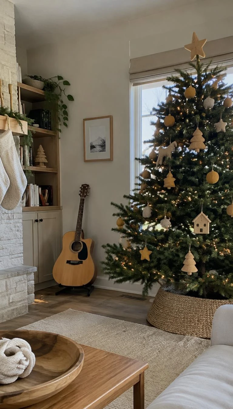 A candid, realistic iPhone photograph of a living room with a Christmas tree holding mustard ochre felt ornaments, textured wool details, soft daylight, an acoustic guitar leaning on a wall, and neutral decor.