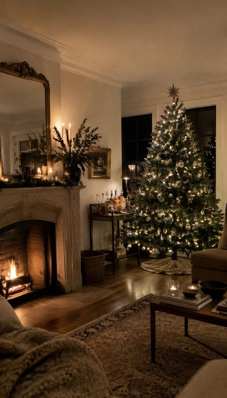 A candid, realistic iPhone photograph of a living room with a Christmas tree adorned with speckled mercury glass drop ornaments, an antique mirror on the mantle, warm soft reflections, and evening glow.