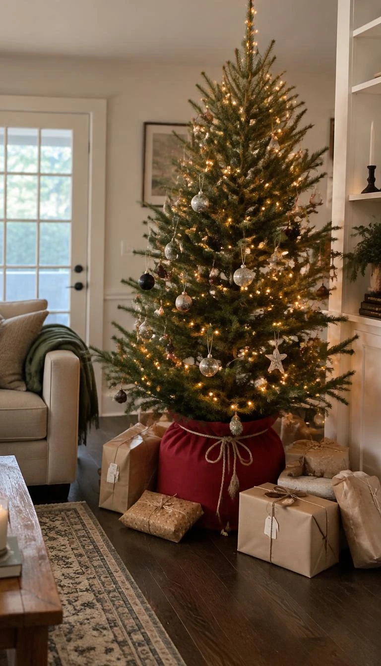 A candid, realistic iPhone photograph of a living room with a Christmas tree skirted in a loose red canvas bag tied with jute rope, surrounded by brown paper packages on a dark wood floor.