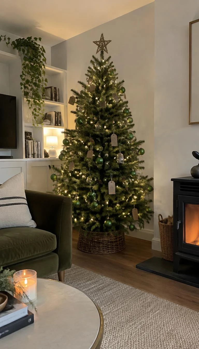 A candid, realistic iPhone photograph of a living room with a Christmas tree decorated with small brown kraft paper tags tied with string, hanging among lime baubles and pine cones.