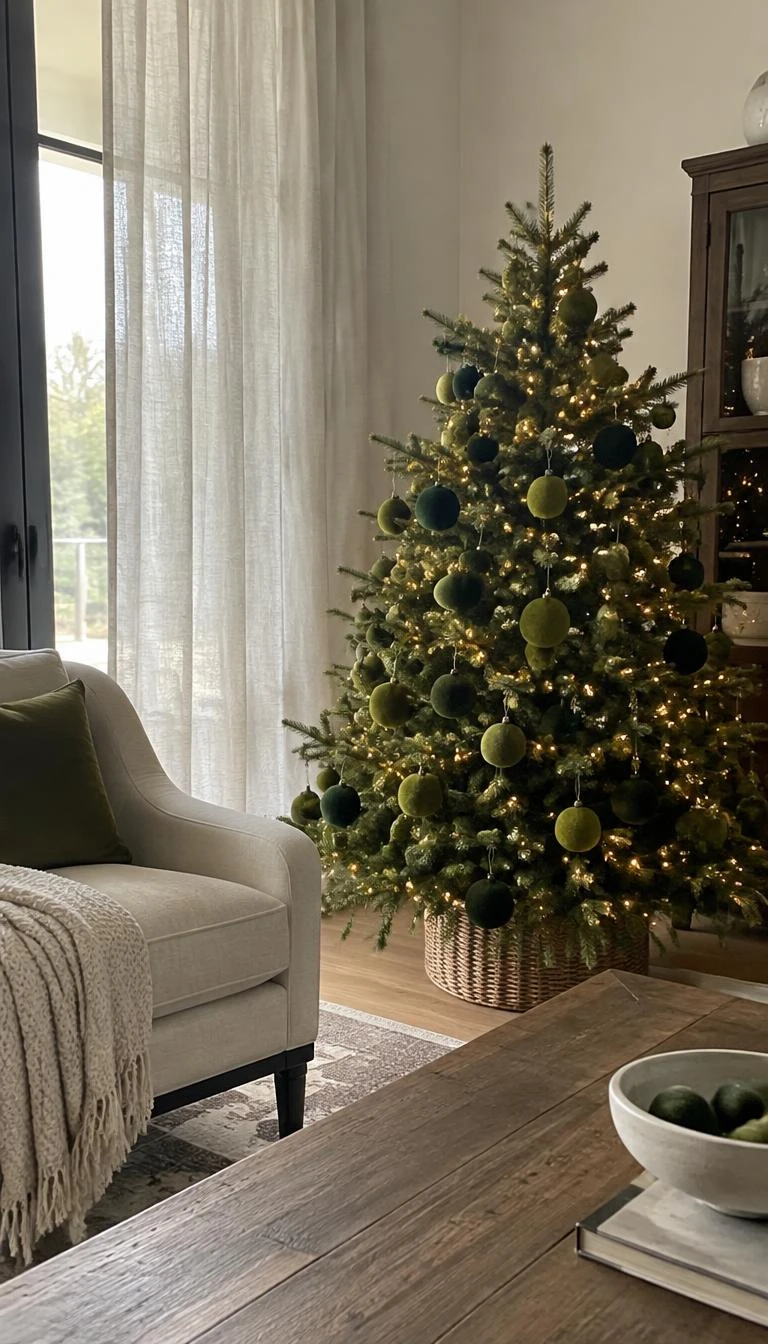 A candid, realistic iPhone photograph of a living room with a Christmas tree covered in matte chartreuse and deep forest green velvet baubles, tucked beside a neutral linen armchair and sheer linen window drapes.