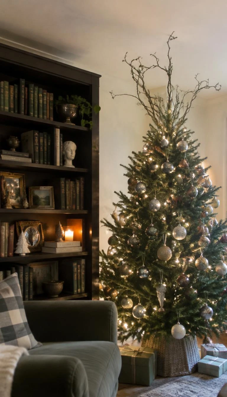 A candid, realistic iPhone photograph of a living room with a Christmas tree topped with tall, curving natural curly willow branches painted soft sage, standing beside a tall bookshelf lined with muted hardcovers.
