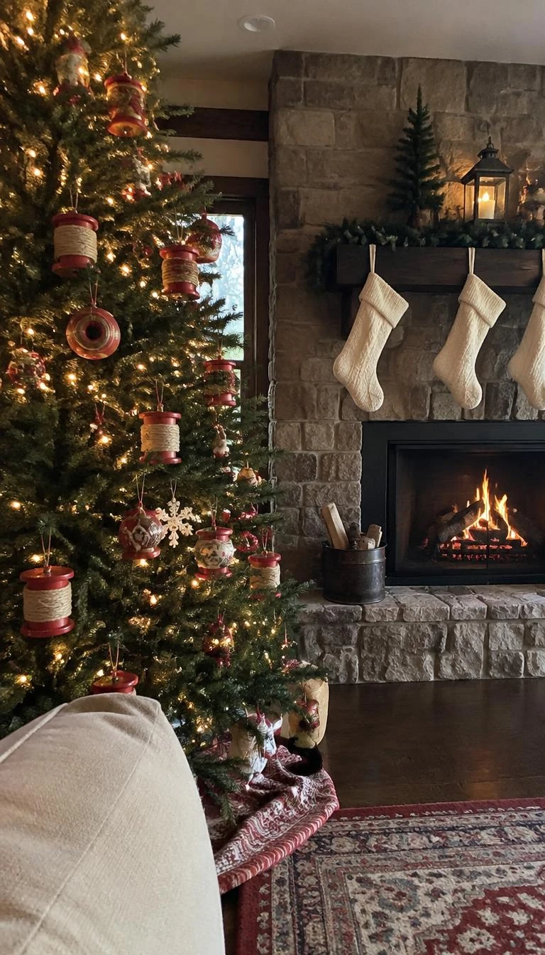 A candid, realistic iPhone photograph of a living room with a Christmas tree hung with vintage red painted wooden spools wrapped in jute thread, resting near a warm fireplace hearth.