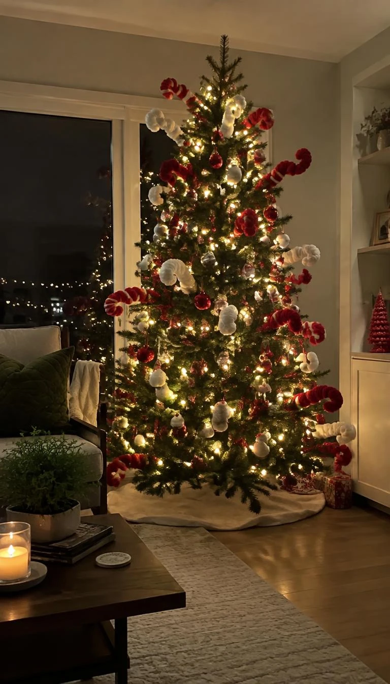 A candid, realistic iPhone photograph of a living room with a Christmas tree featuring red and white knit tube picks poking horizontally through branches, illuminated by warm incandescent mini-bulbs in late evening.