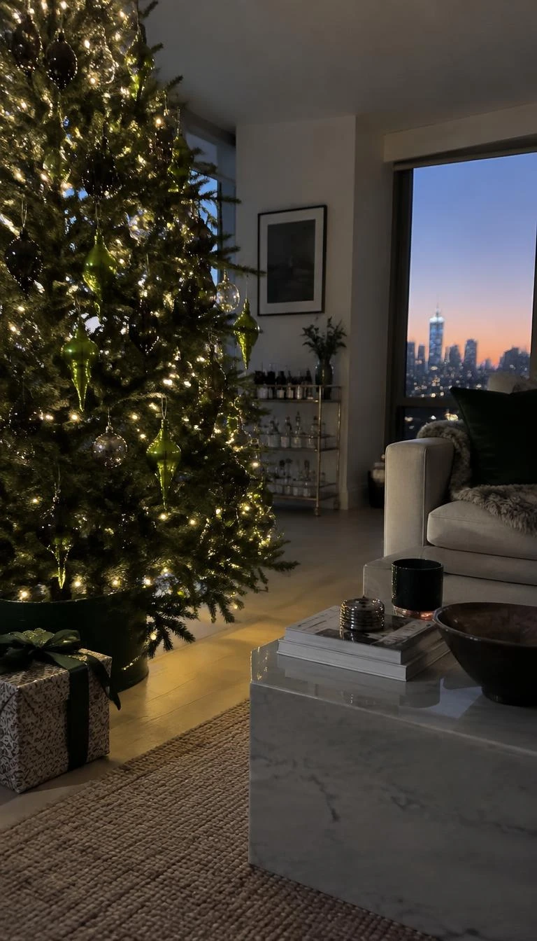 A candid, realistic iPhone photograph of a living room with a Christmas tree filled with smoked charcoal glass teardrops and lime green finial ornaments, catching light in an apartment at twilight.