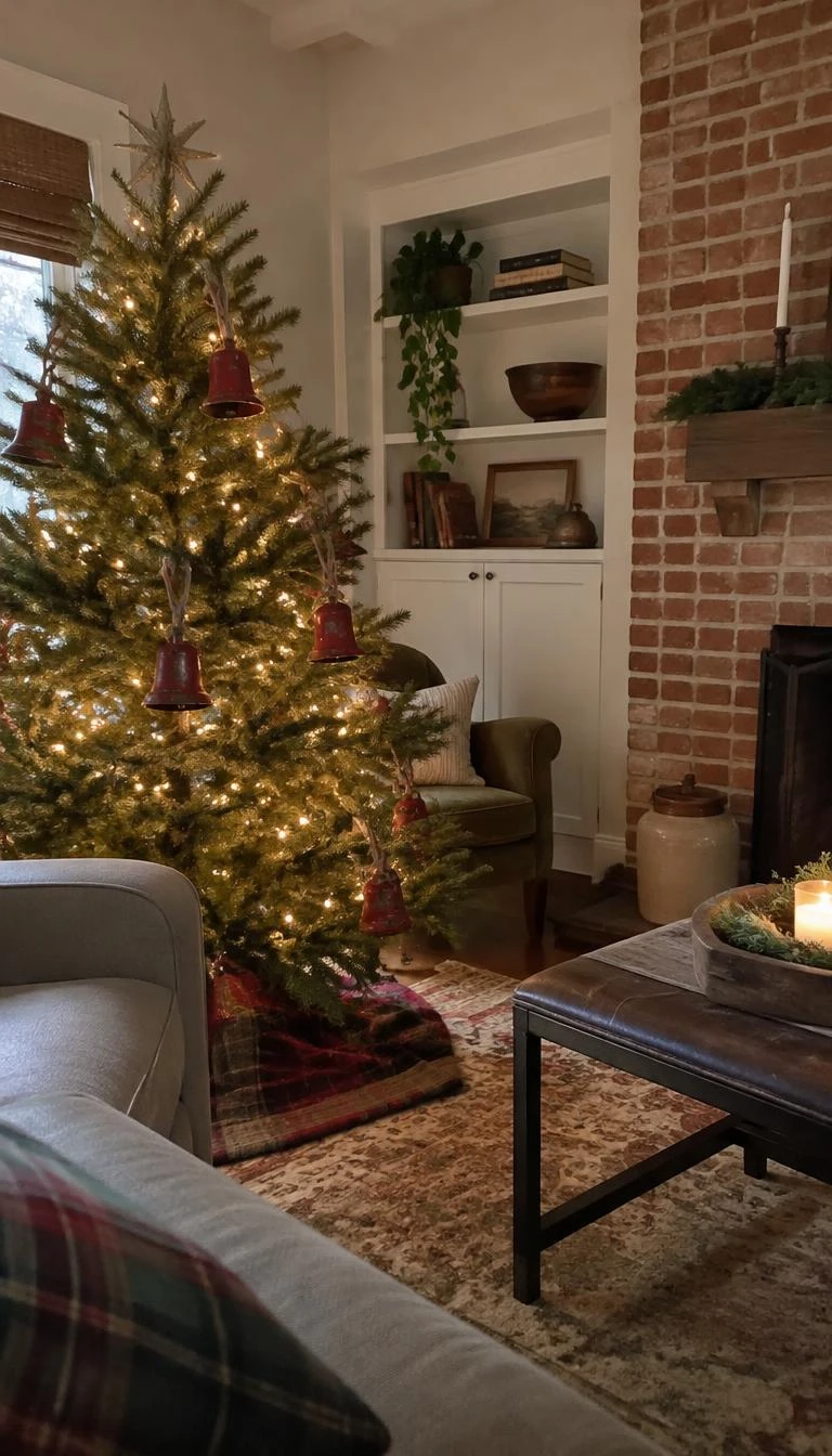 A candid, realistic iPhone photograph of a living room with a Christmas tree bearing weathered red iron cowbells tied with twill ribbon, beside an exposed brick chimney in a warm room.