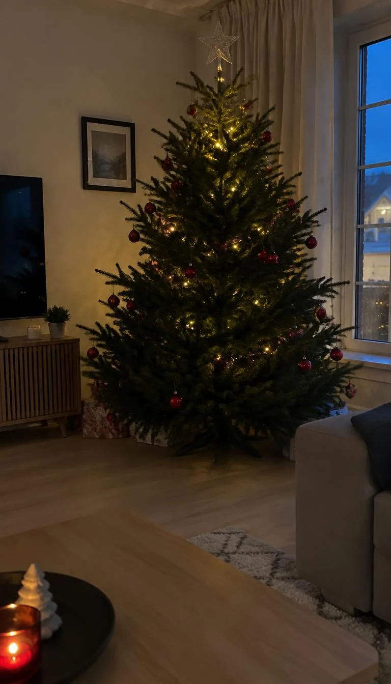 A candid, realistic iPhone photograph of a living room with a Christmas tree showing faint chartreuse tinsel shimmer deep around the central trunk pole, with dark outer branches and simple red globes.
