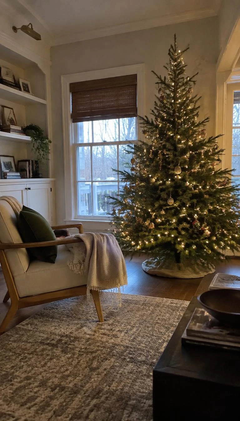 A candid, realistic iPhone photograph of a living room with a Christmas tree featuring long olive evergreen sprigs pushing unevenly outward from the side branches, next to a modern reading chair.