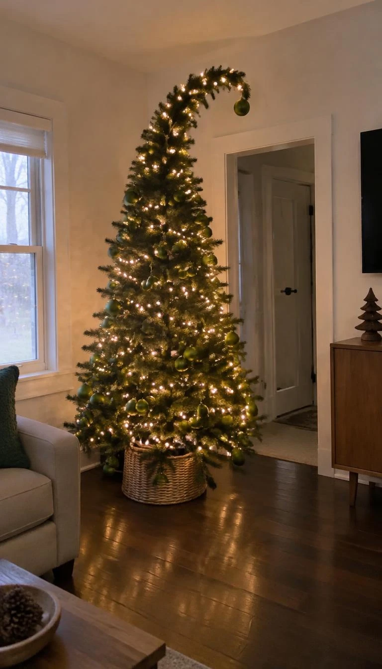 A candid, realistic iPhone photograph of a living room with a Christmas tree whose top branch is bent into a graceful curved hook, decorated with matte lime green ornaments and soft warm fairy lights on hardwood floors.