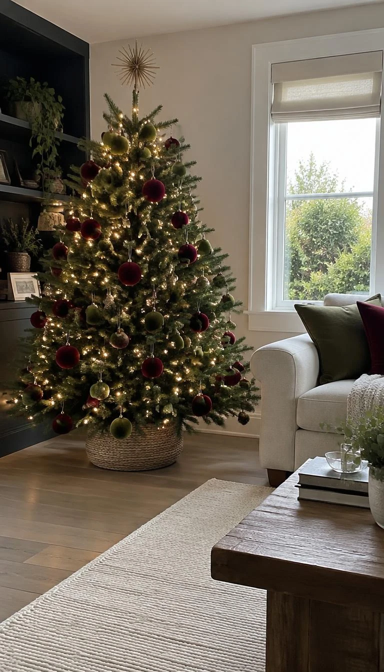 A candid, realistic iPhone photograph of a living room with a Christmas tree decorated with varying sizes of chartreuse and burgundy velvet baubles, resting on a wide plank wooden floor beside a cream wool rug.