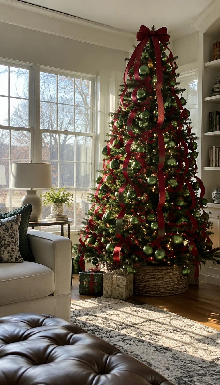 A candid, realistic iPhone photograph of a living room with a Christmas tree draped in wide crimson red grosgrain ribbon alongside lime green glass baubles, sitting in an airy morning sunlit corner.