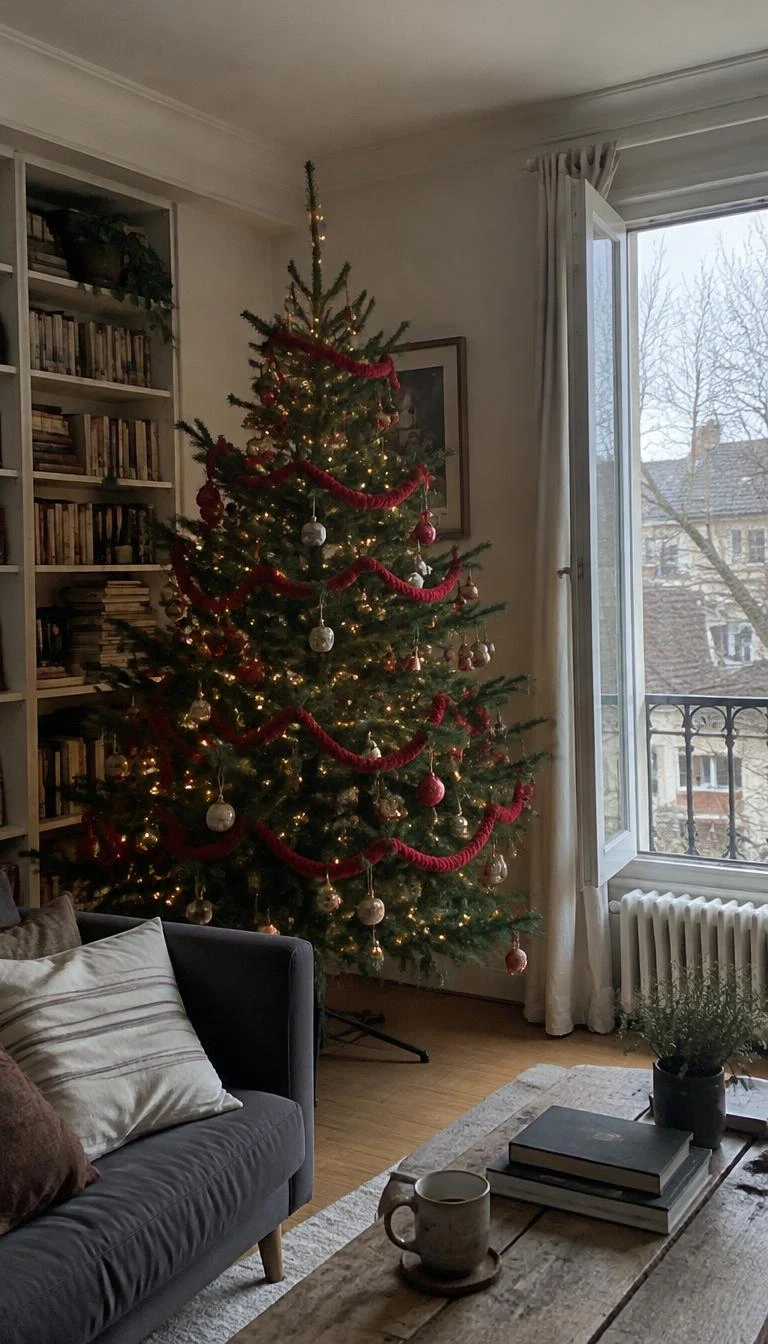 A candid, realistic iPhone photograph of a living room with a Christmas tree draped in loops of thick, unspun scarlet wool yarn, resting near an open window on an overcast winter day.