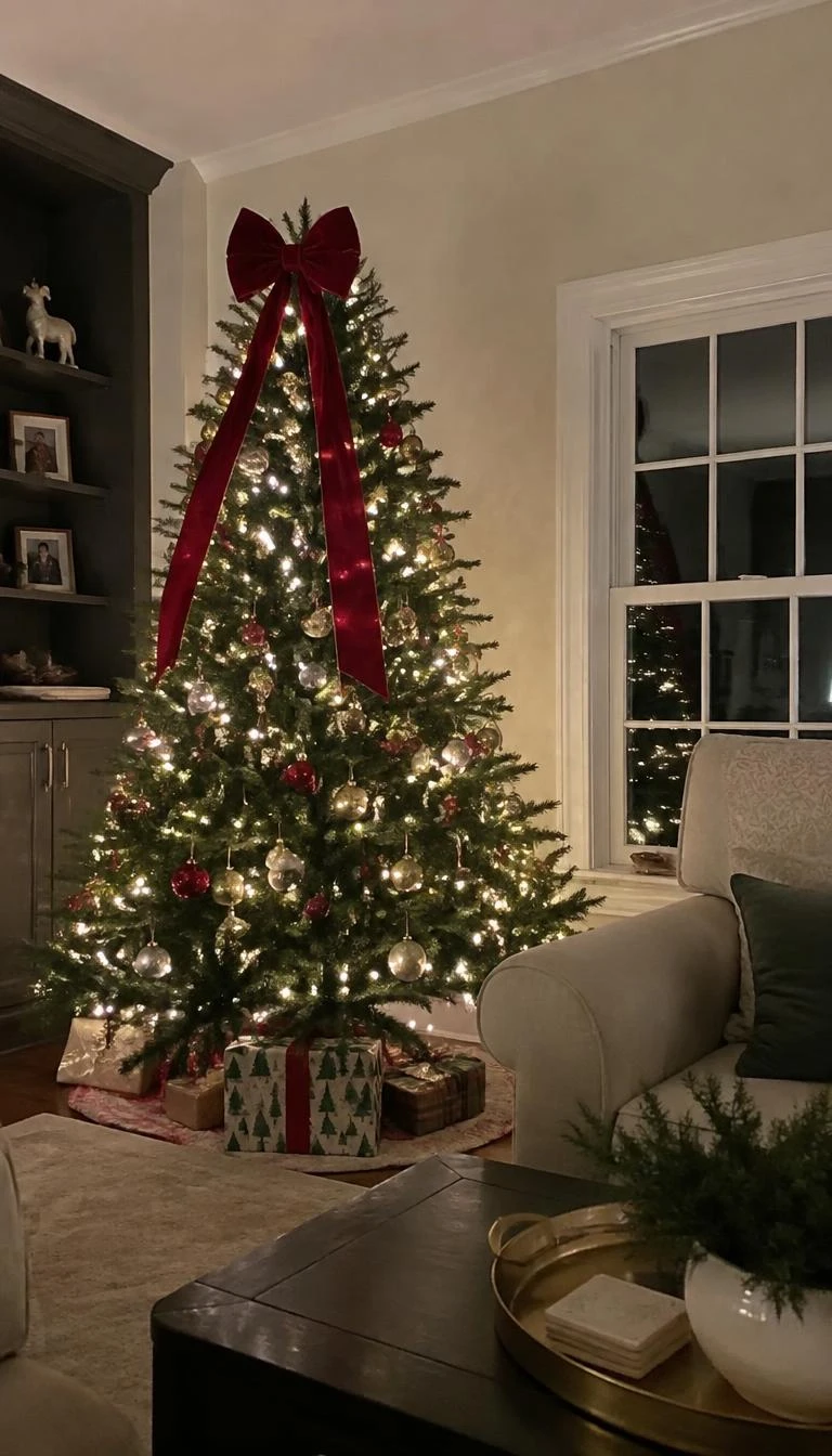 A candid, realistic iPhone photograph of a living room with a Christmas tree topped with a large, un-wired crimson velvet bow with long trailing ribbons reaching halfway down the branches.