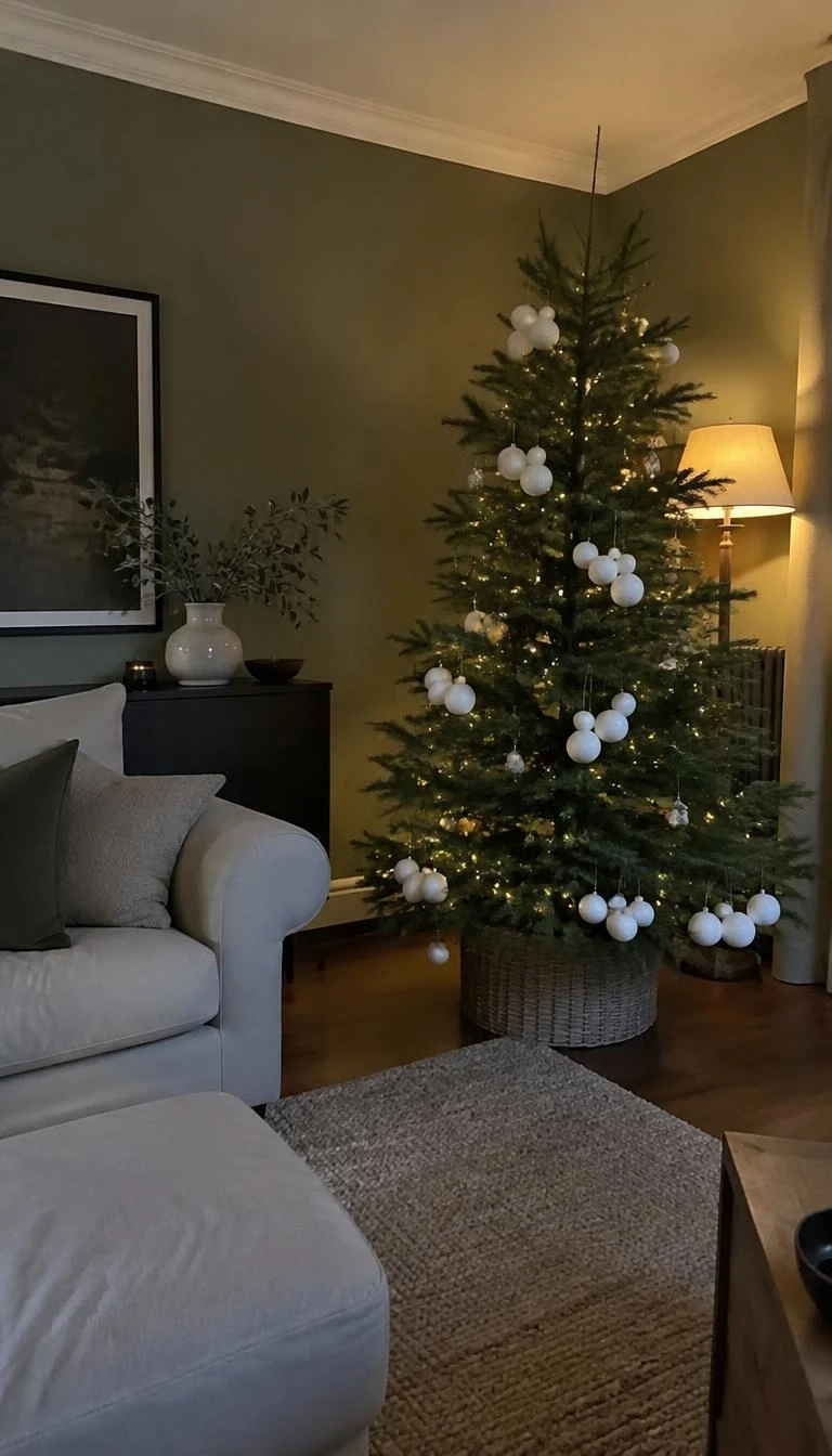 A candid, realistic iPhone photograph of a living room with a Christmas tree dotted with clusters of chalky matte white baubles resembling snow clusters, set against muted green walls and a warm floor lamp.