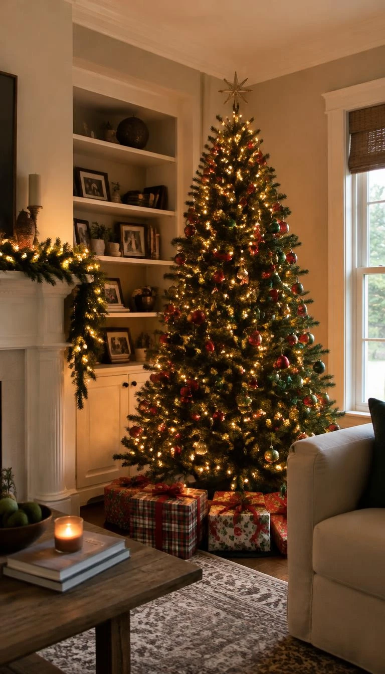 A candid, realistic iPhone photograph of a living room with a Christmas tree strung with tiny warm amber fairy lights on dark brown wire, glowing softly amid chartreuse and crimson ornaments.