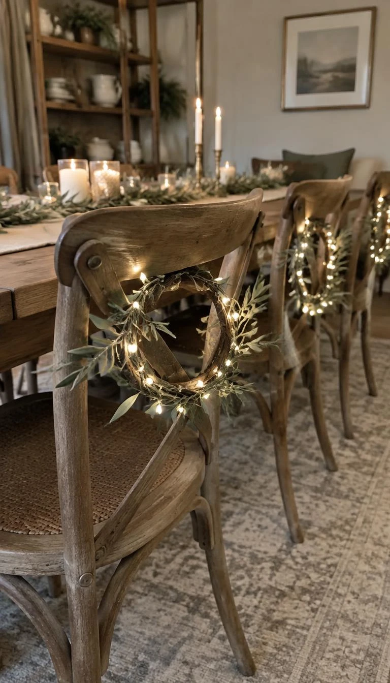 A candid, realistic iPhone photograph of a dining room with wooden chairs, each chair back accented with a small circular halo of twisted bare copper wire interwoven with tiny warm white micro fairy lights and olive branches.