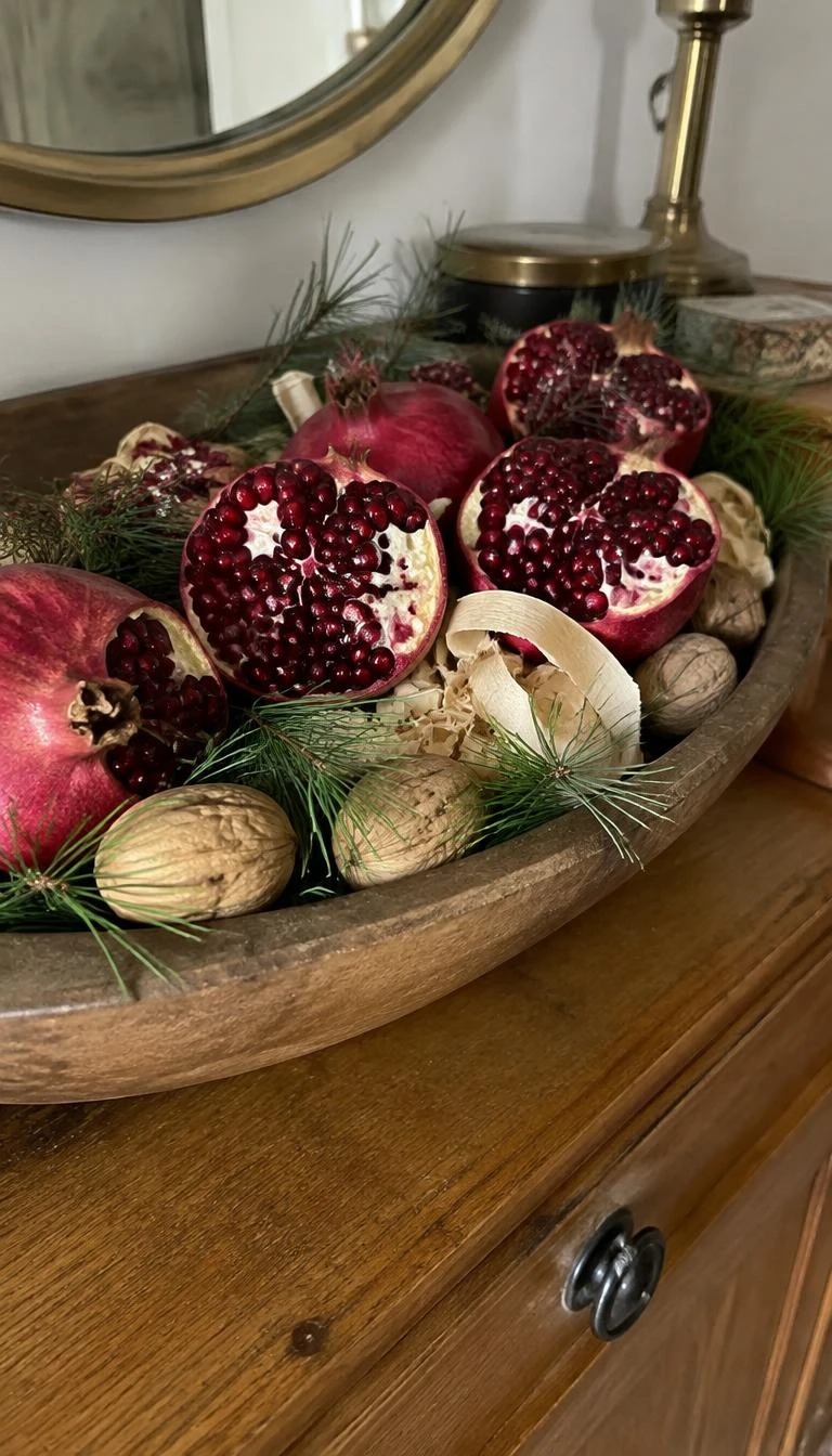 A candid, realistic iPhone photograph of a wooden sideboard, featuring halved dehydrated rich red pomegranates with exposed jeweled seeds resting on a bed of fresh pine shavings and whole walnuts.