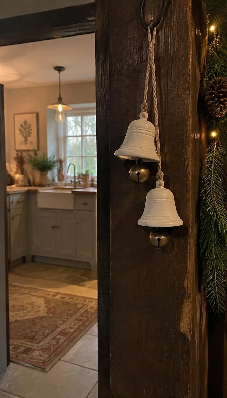 A candid, realistic iPhone photograph of a cozy kitchen doorway, showing small white plaster holiday bells with vintage tarnished brass jingle bells dangling underneath on thin braided cord against dark timber.