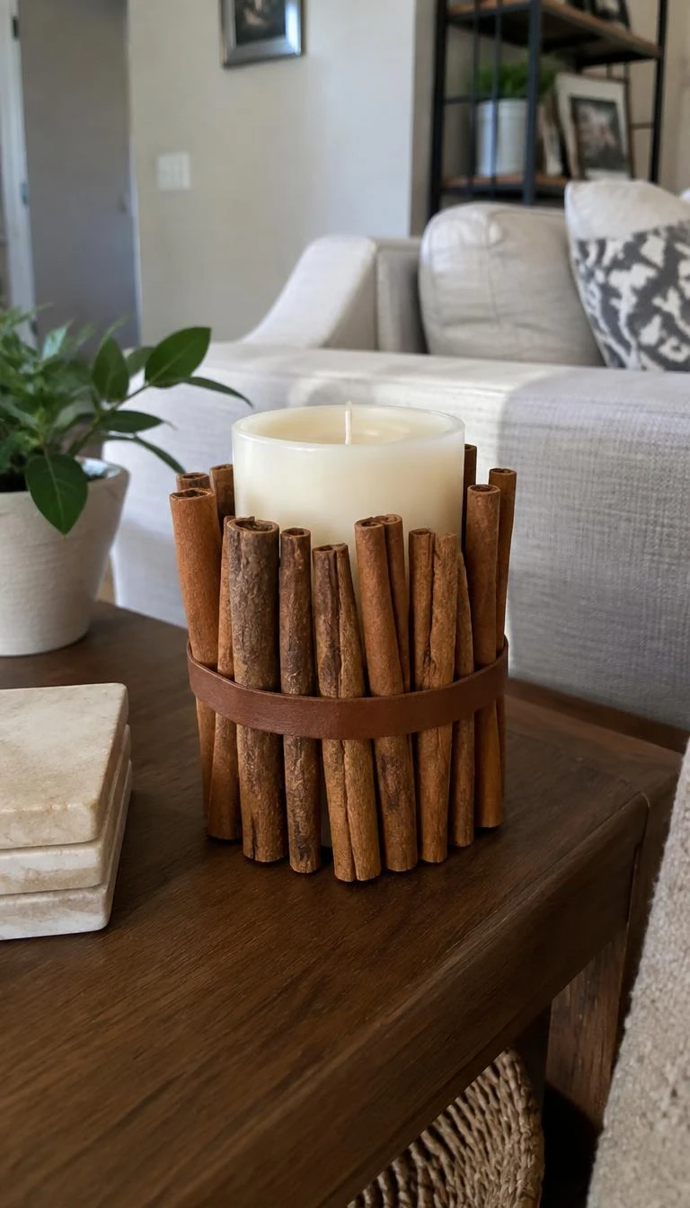 A candid, realistic iPhone photograph of a living room side table, displaying an unscented ivory pillar candle wrapped neatly with vertical natural cinnamon bark sticks bound by a flat strip of brown leather cording.