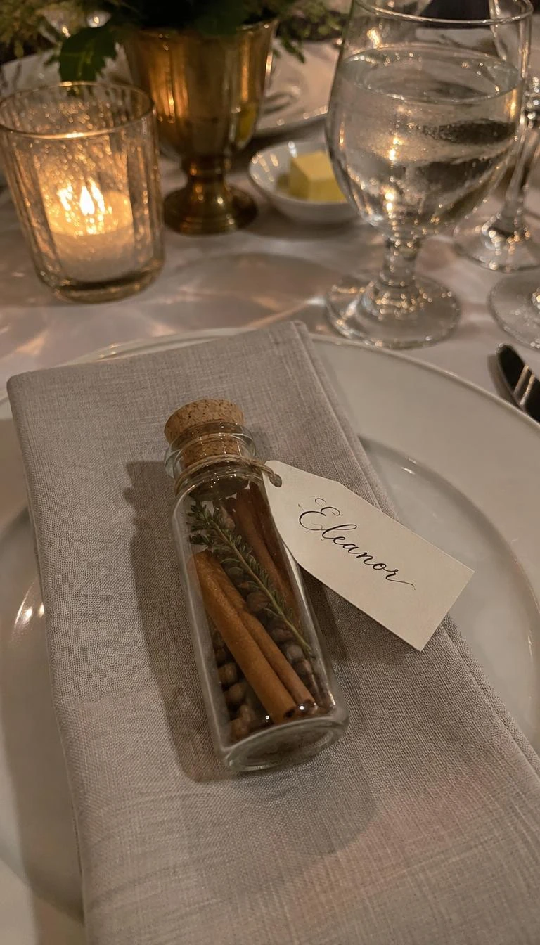 A candid, realistic iPhone photograph of a formal dinner place setting, showing a linen napkin topped with a small corked glass vial containing cinnamon, allspice, and a sprig of fresh thyme, tagged with a calligraphy name card.