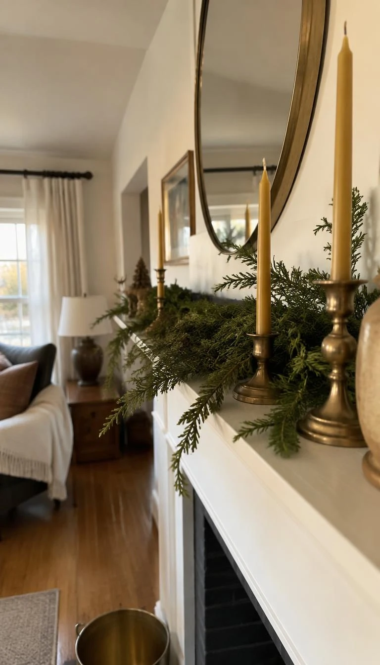 A candid, realistic iPhone photograph of a living room fireplace mantel, featuring slender honey colored beeswax taper candles standing in vintage brass holders alongside fresh cedar sprigs, warm natural window light illuminating the room softly.