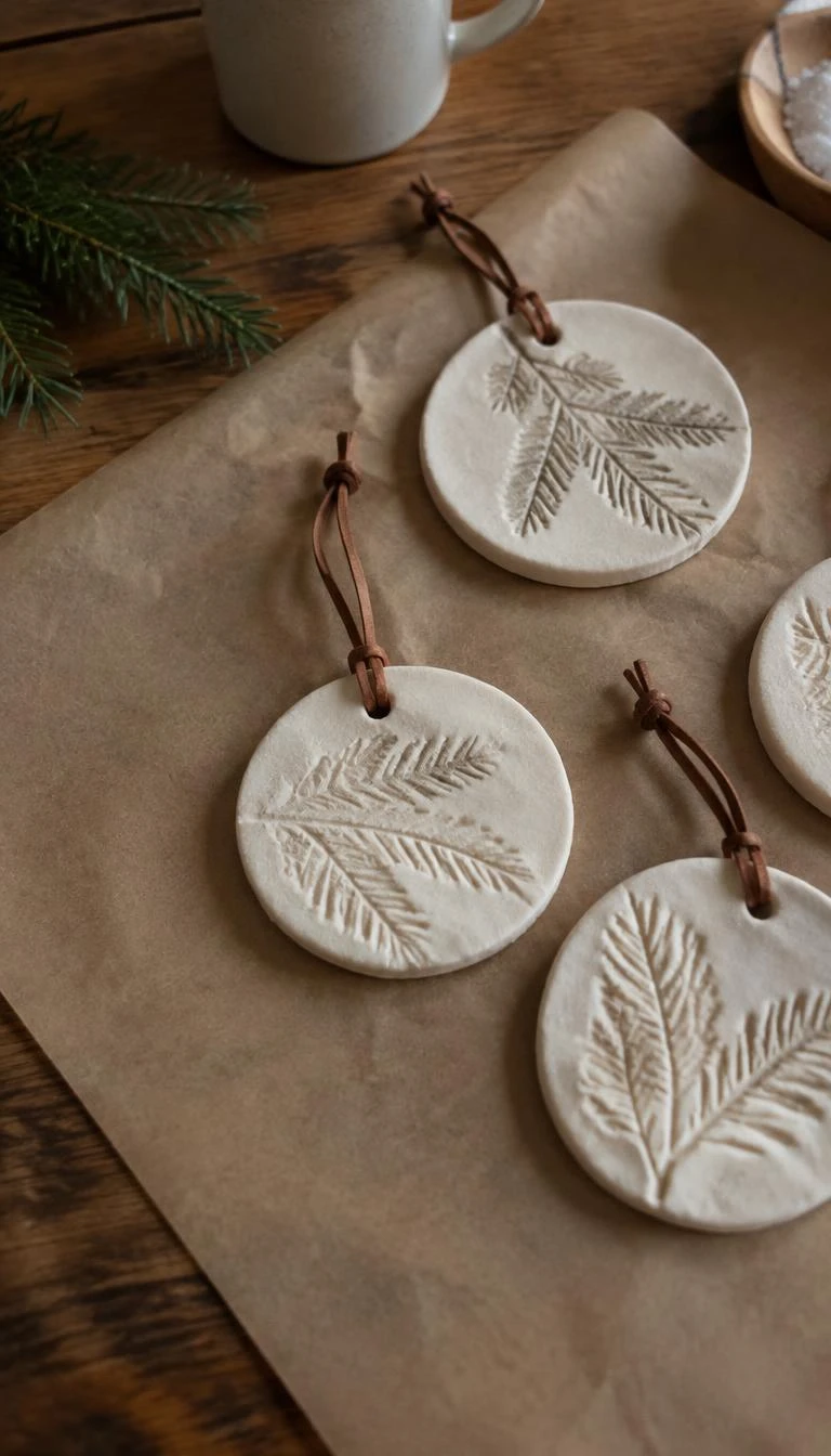 A candid, realistic iPhone photograph of a rustic dining table, showing round matte ivory salt dough ornaments pressed with detailed evergreen needle patterns, threaded with slim leather cord and resting on brown parchment paper.