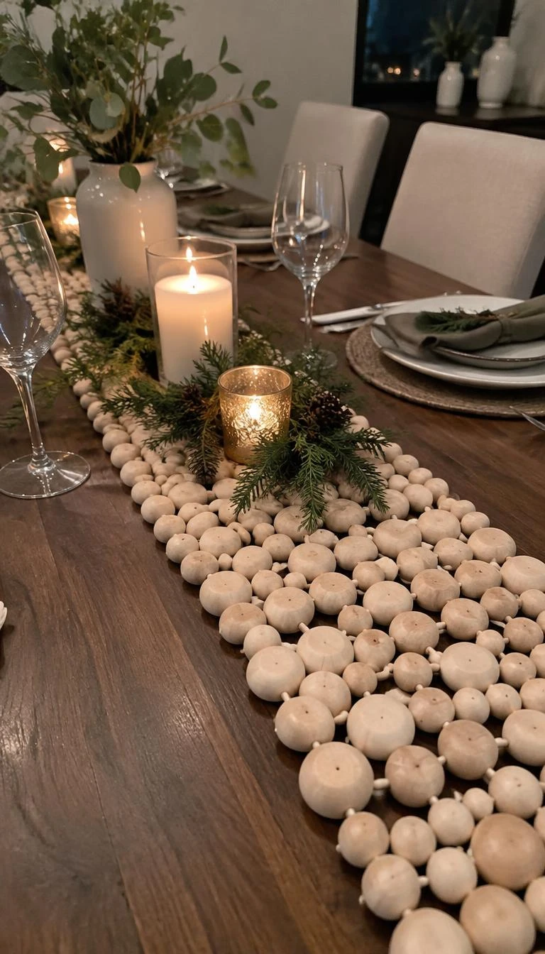 A candid, realistic iPhone photograph of a festive dining table, showing an unlacquered geometric runner composed of threaded unfinished maple wood beads of assorted sizes resting directly on a dark walnut tabletop.