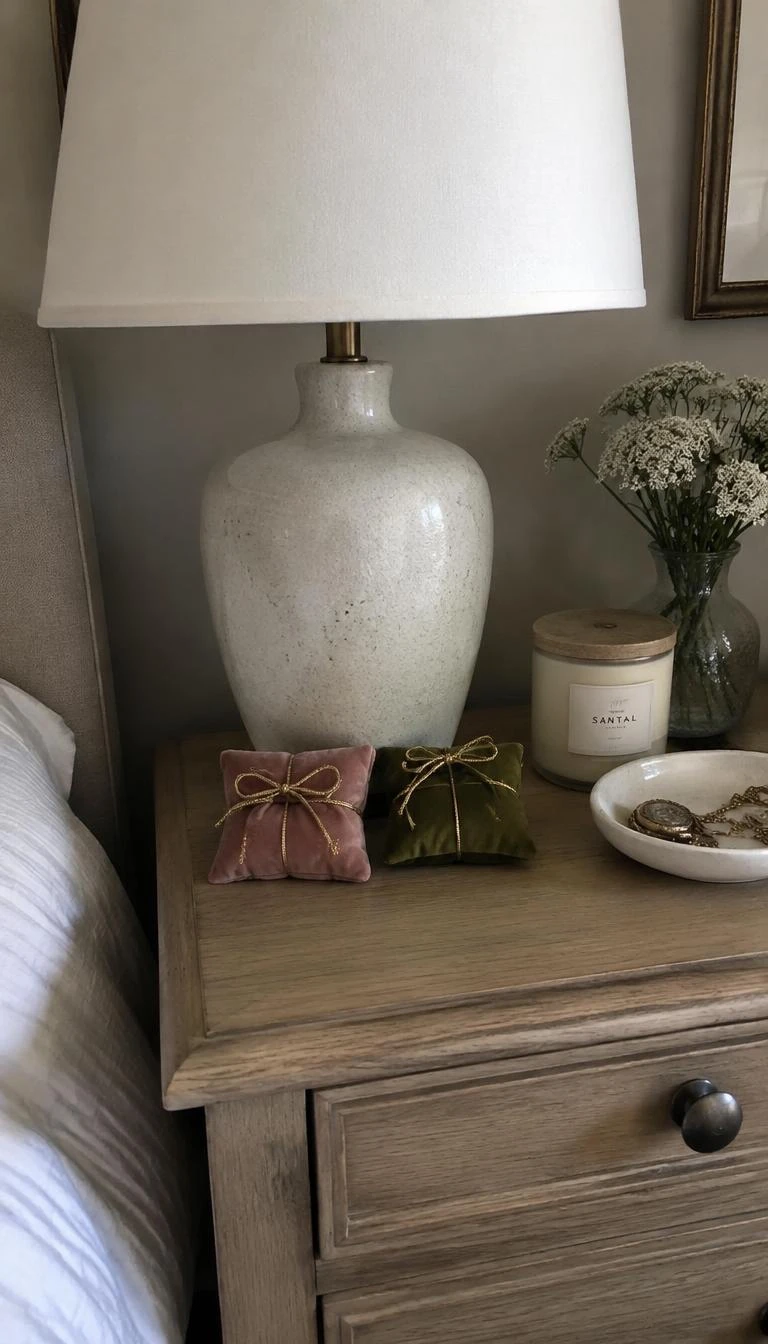 A candid, realistic iPhone photograph of a bedroom nightstand, featuring small square dusty rose and moss green velvet sachets tied with metallic thread, resting beside an unlit ceramic lamp.
