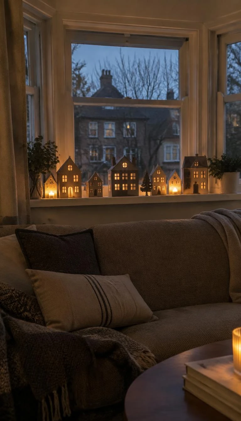 A candid, realistic iPhone photograph of a cozy living room bay window at dusk, displaying folded brown kraft paper house silhouettes with tiny cut windows illuminated from behind by battery votive candles.