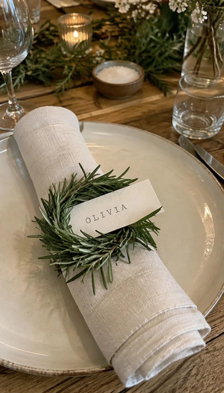 A candid, realistic iPhone photograph of a rustic dining table setting, featuring a small circular ring made from fresh green rosemary sprigs encircling a rolled cream linen napkin with a hand stamped place card.
