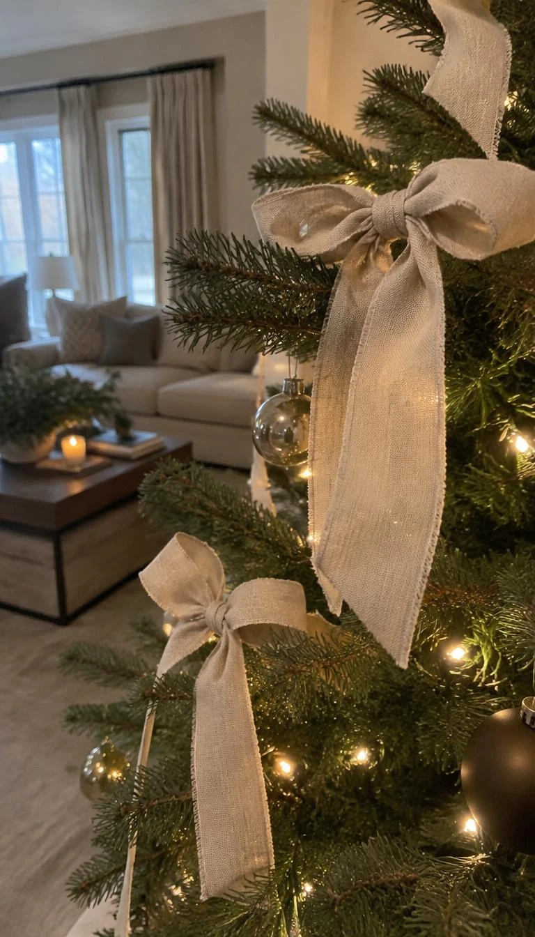A candid, realistic iPhone photograph of a living room Christmas tree branch, showing soft oatmeal colored raw edge linen ribbons tied in loose floppy bows around dark green fir needles.