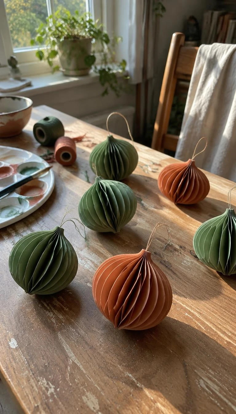 A candid, realistic iPhone photograph of a sunlit craft table, showing paper honeycomb baubles painted in chalky sage green and terracotta tones, suspended from delicate thread loops ready to hang on a tree.