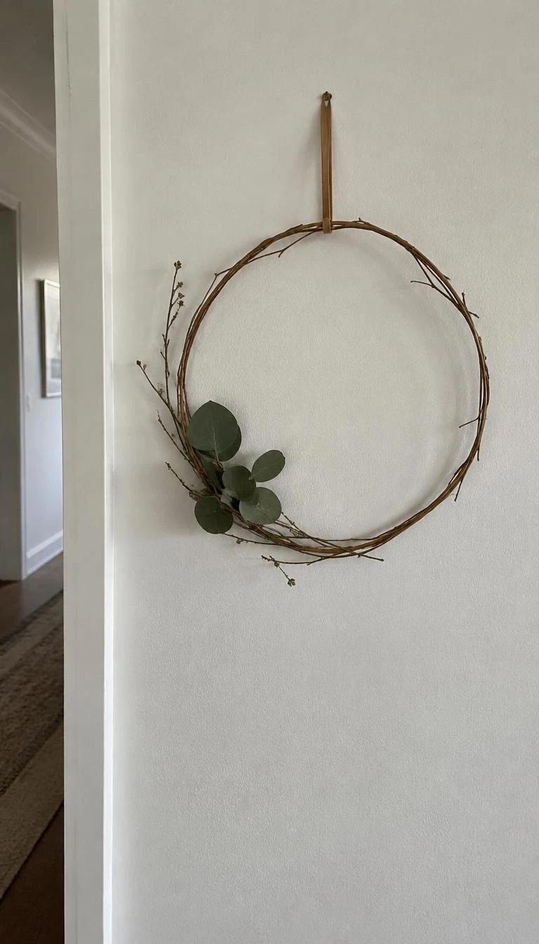 A candid, realistic iPhone photograph of a minimalist hallway wall, featuring an asymmetric slender willow branch hoop wreath accented with three olive green dried eucalyptus leaves and tied with a slim leather loop.
